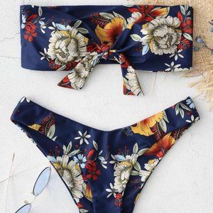 ZAFUL Knot Floral Bandeau Bikini Set - Lapis Blue